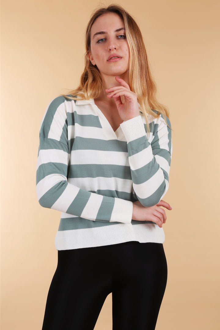 BGD Women Polo Neck Striped Sweater - Sage Green - Little Rock