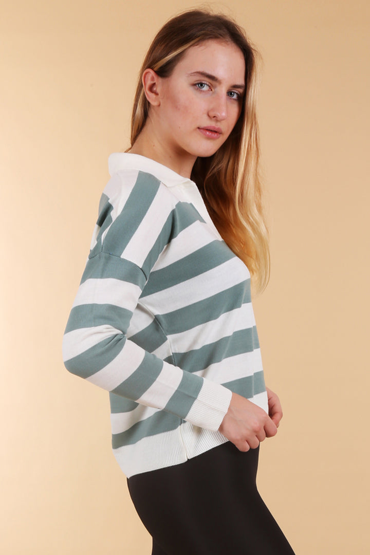 BGD Women Polo Neck Striped Sweater - Sage Green - Little Rock