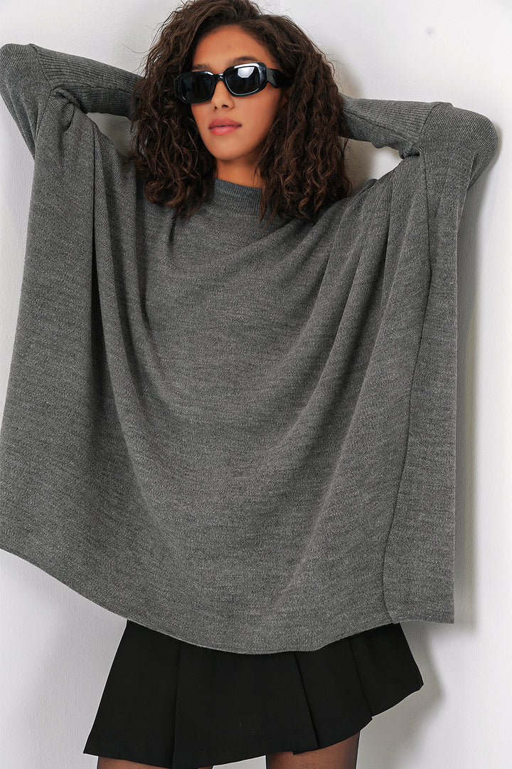BGD Women Slit Poncho Sweater - Light Grey - Princeton