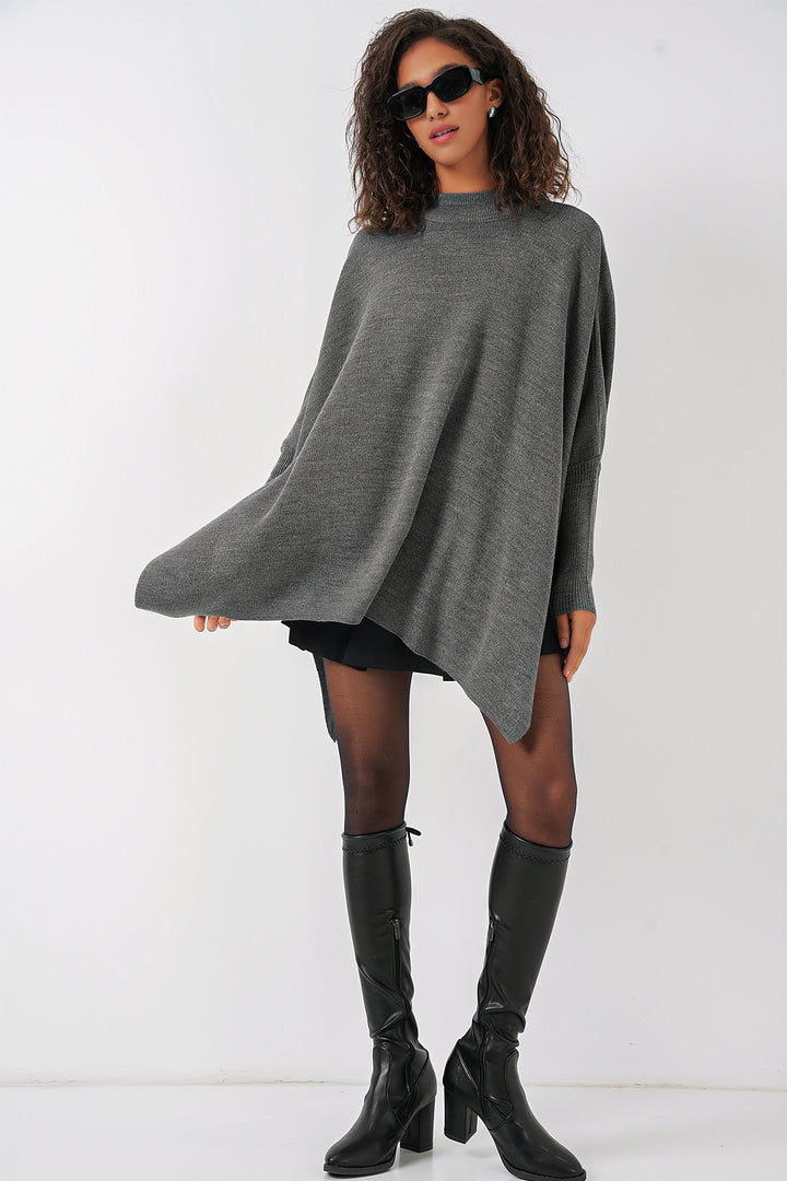 BGD Women Slit Poncho Sweater - Light Grey - Princeton