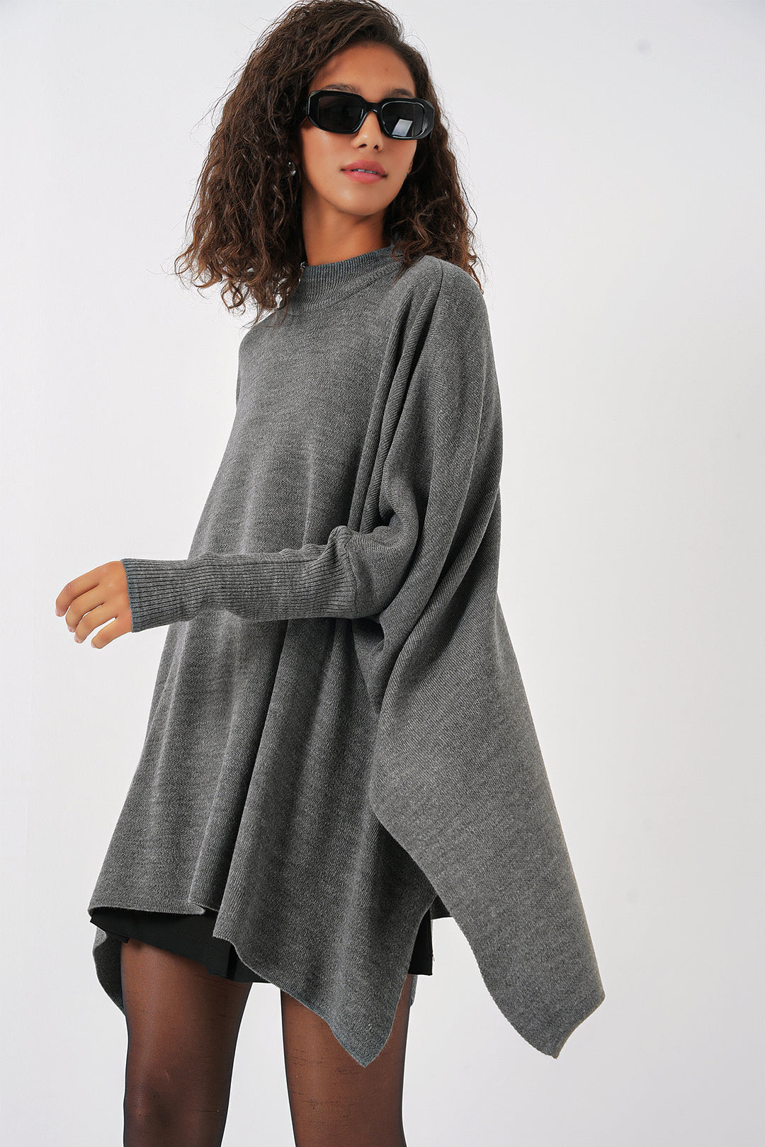 BGD Women Slit Poncho Sweater - Light Grey - Princeton