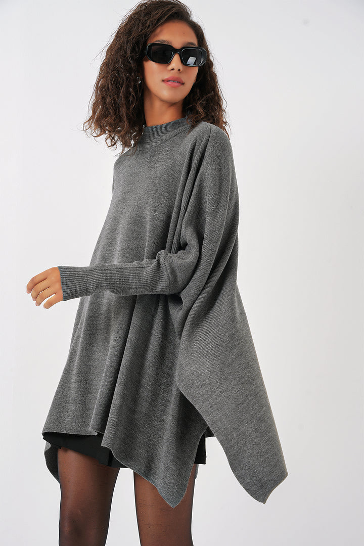 BGD Women Slit Poncho Sweater - Light Grey - Princeton