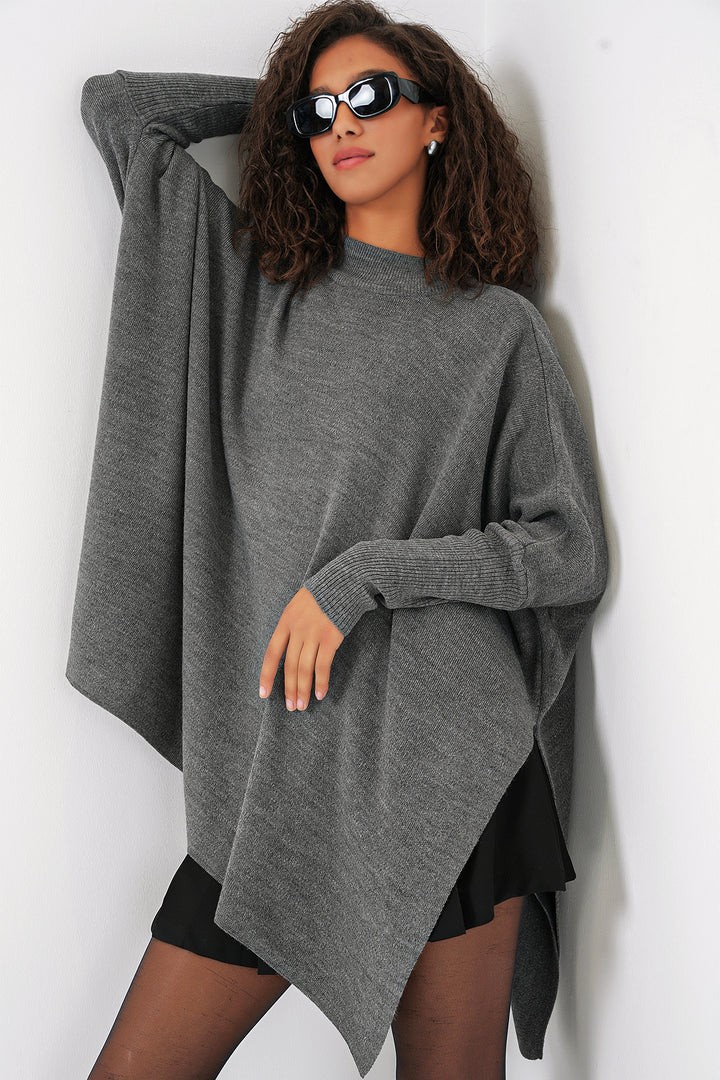 BGD Women Slit Poncho Sweater - Light Grey - Princeton