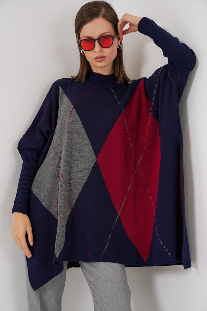 BGD Women Slit Poncho Sweater - Navy Blue - Navojoa