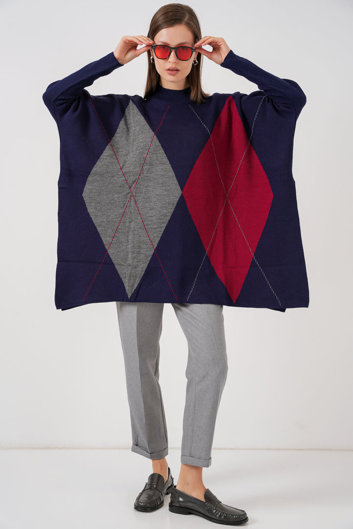 BGD Women Slit Poncho Sweater - Navy Blue - Navojoa