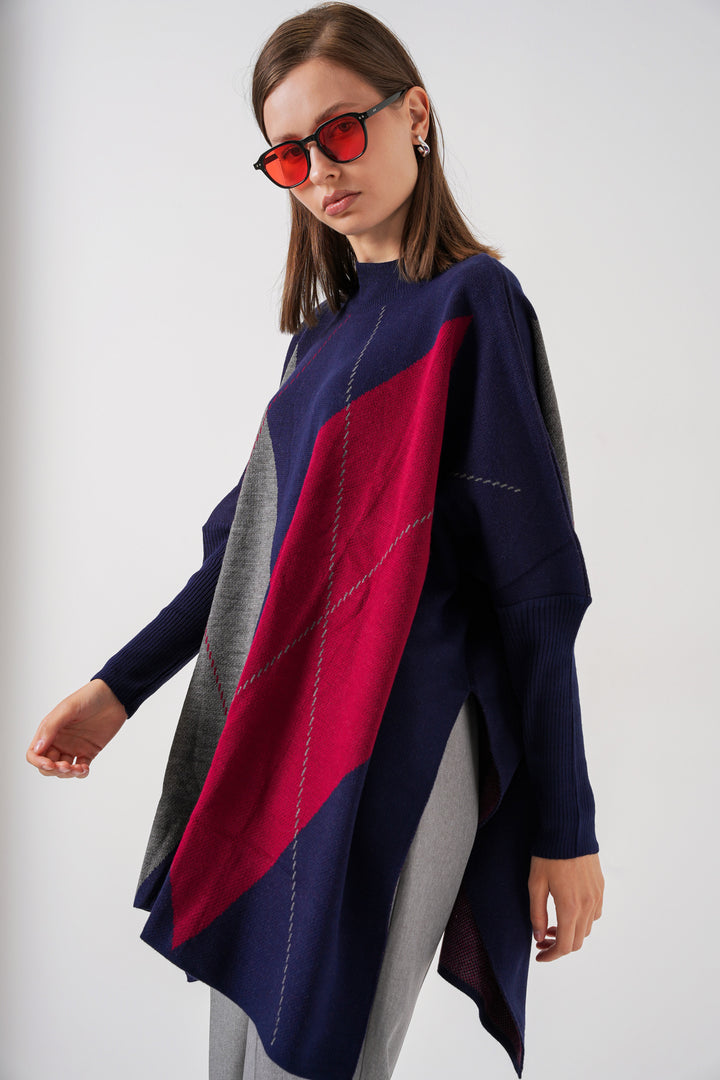 BGD Women Slit Poncho Sweater - Navy Blue - Navojoa
