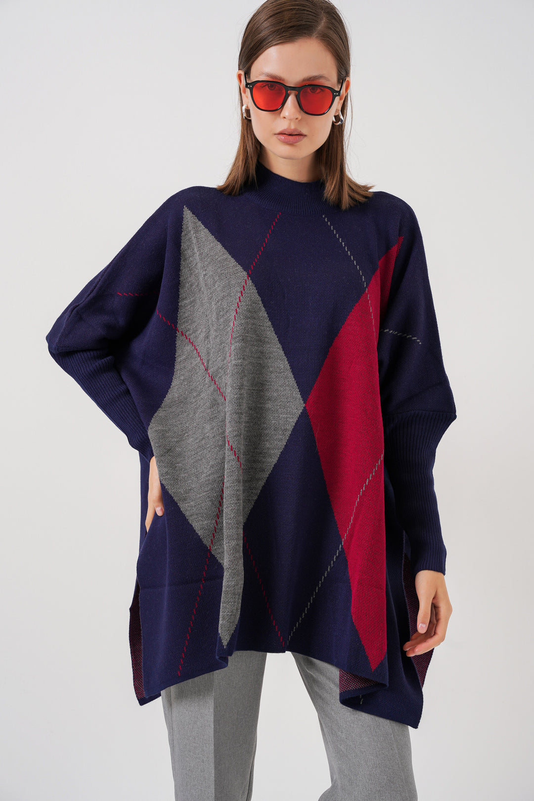 BGD Women Slit Poncho Sweater - Navy Blue - Navojoa