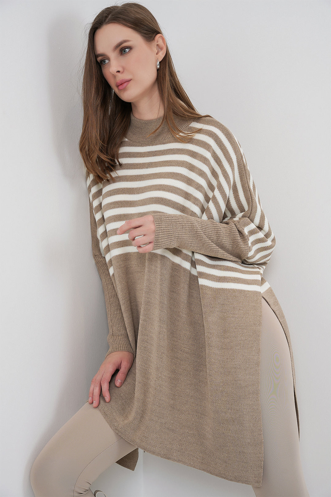 BGD Women Slit Poncho Sweater - A. Mink - Santa Catarina Otzolotepec