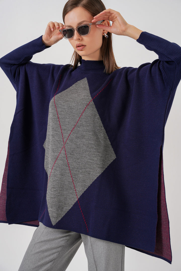 BGD Women Slit Poncho Sweater - Navy Blue - Alfortville