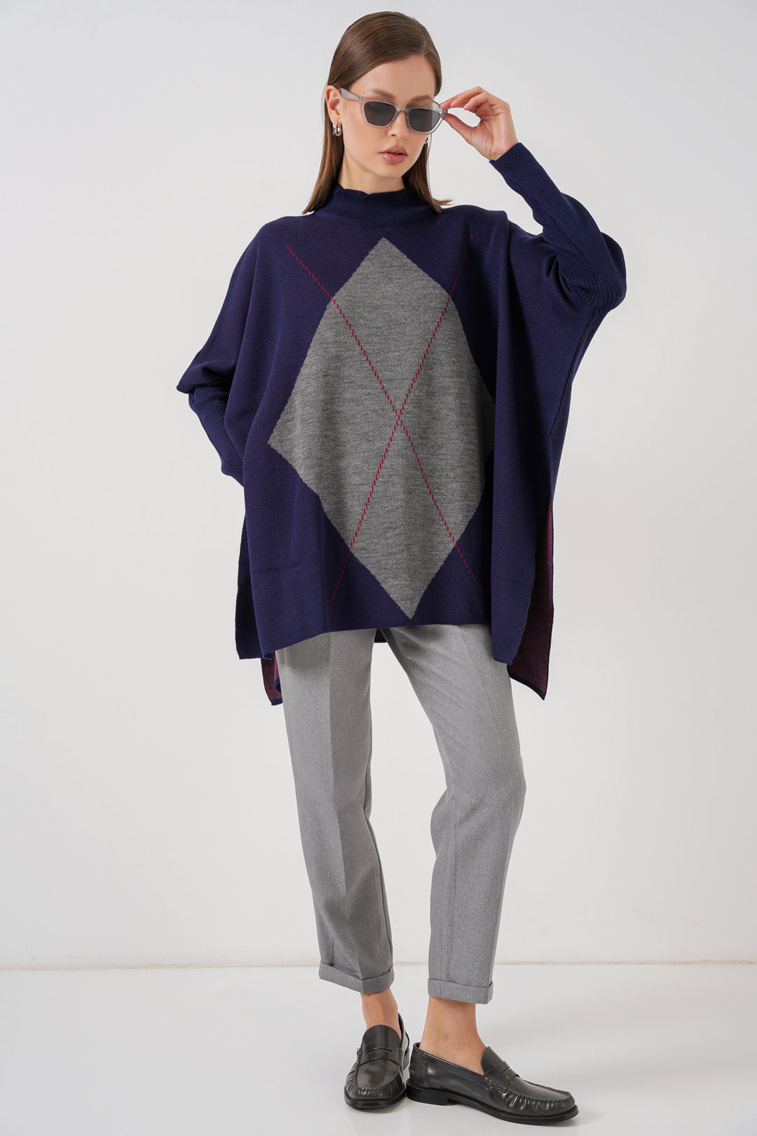 BGD Women Slit Poncho Sweater - Navy Blue - Alfortville