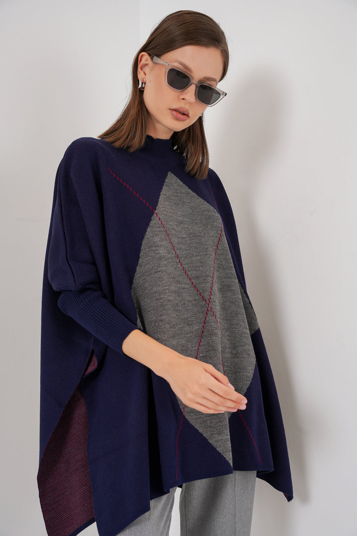 BGD Women Slit Poncho Sweater - Navy Blue - Alfortville