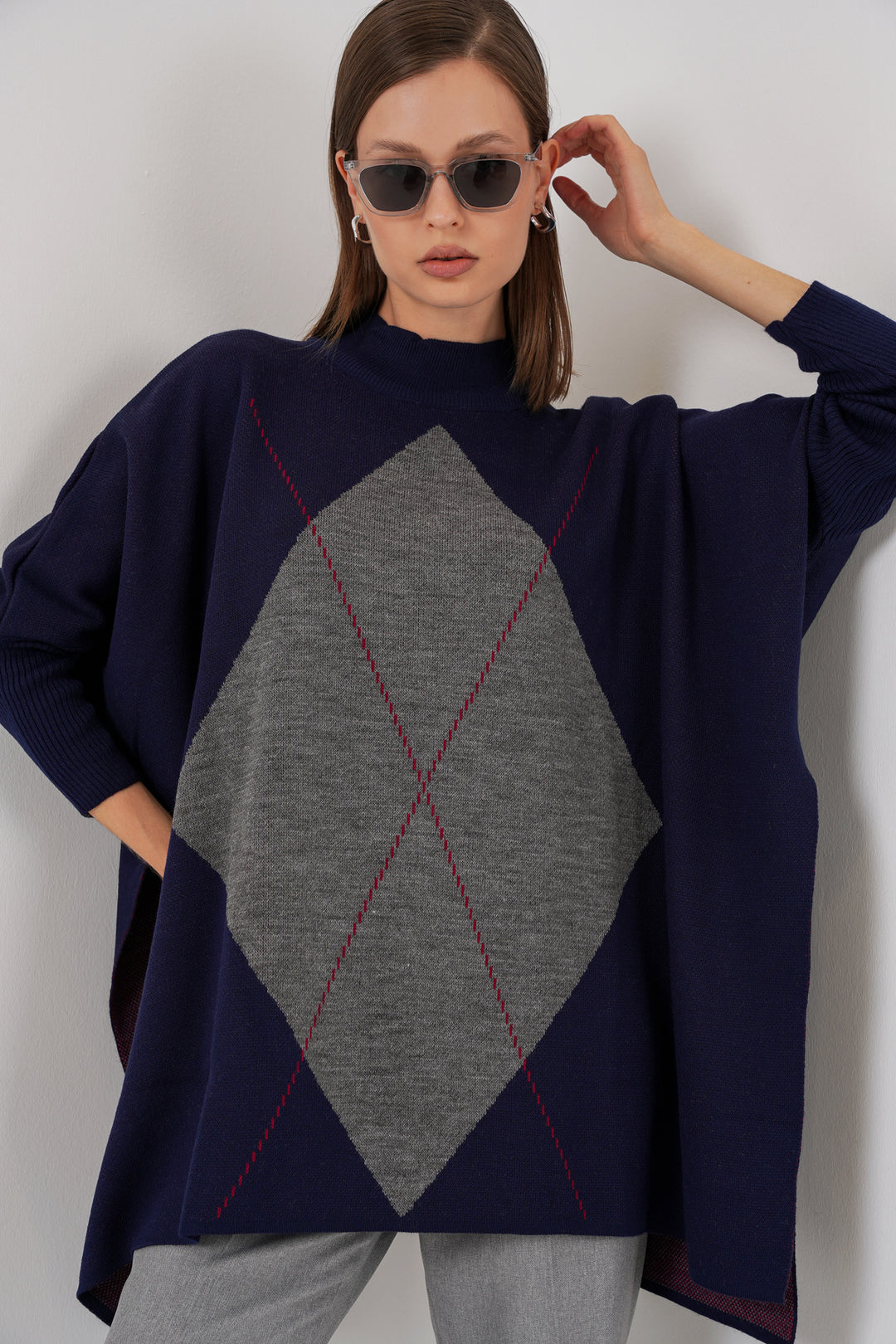 BGD Women Slit Poncho Sweater - Navy Blue - Alfortville