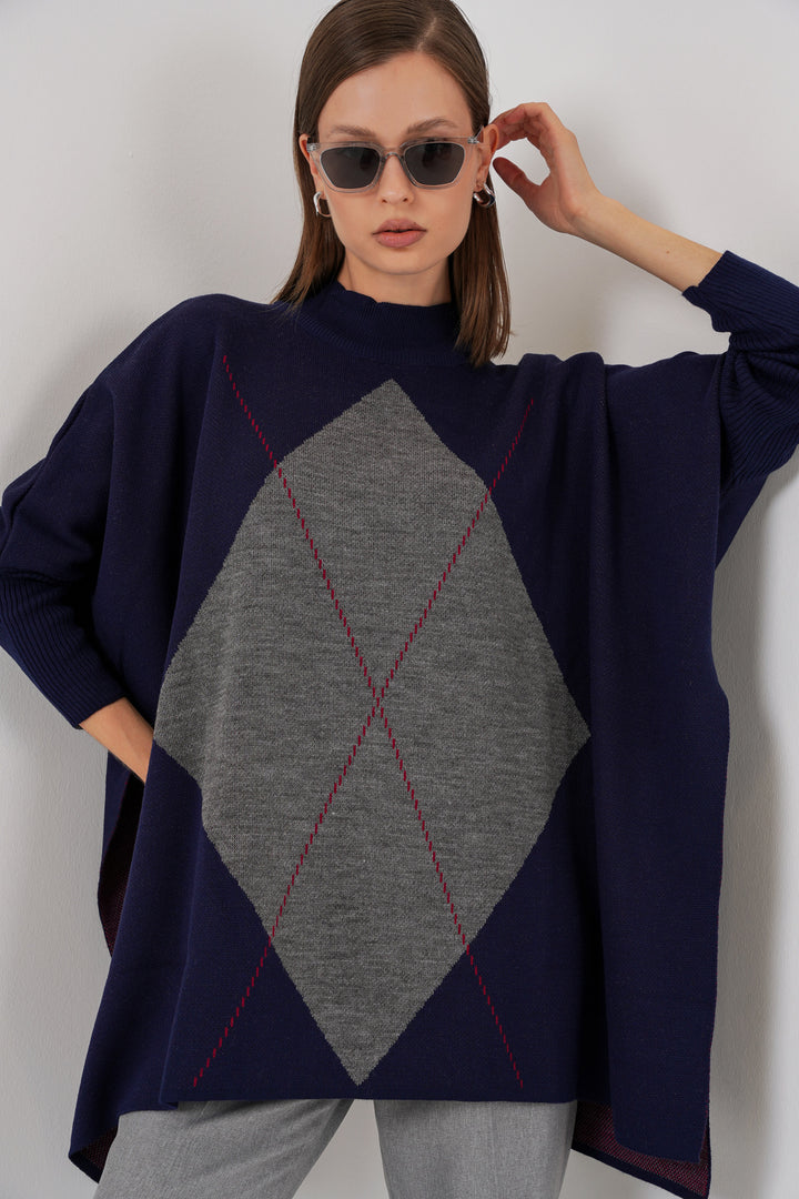 BGD Women Slit Poncho Sweater - Navy Blue - Alfortville