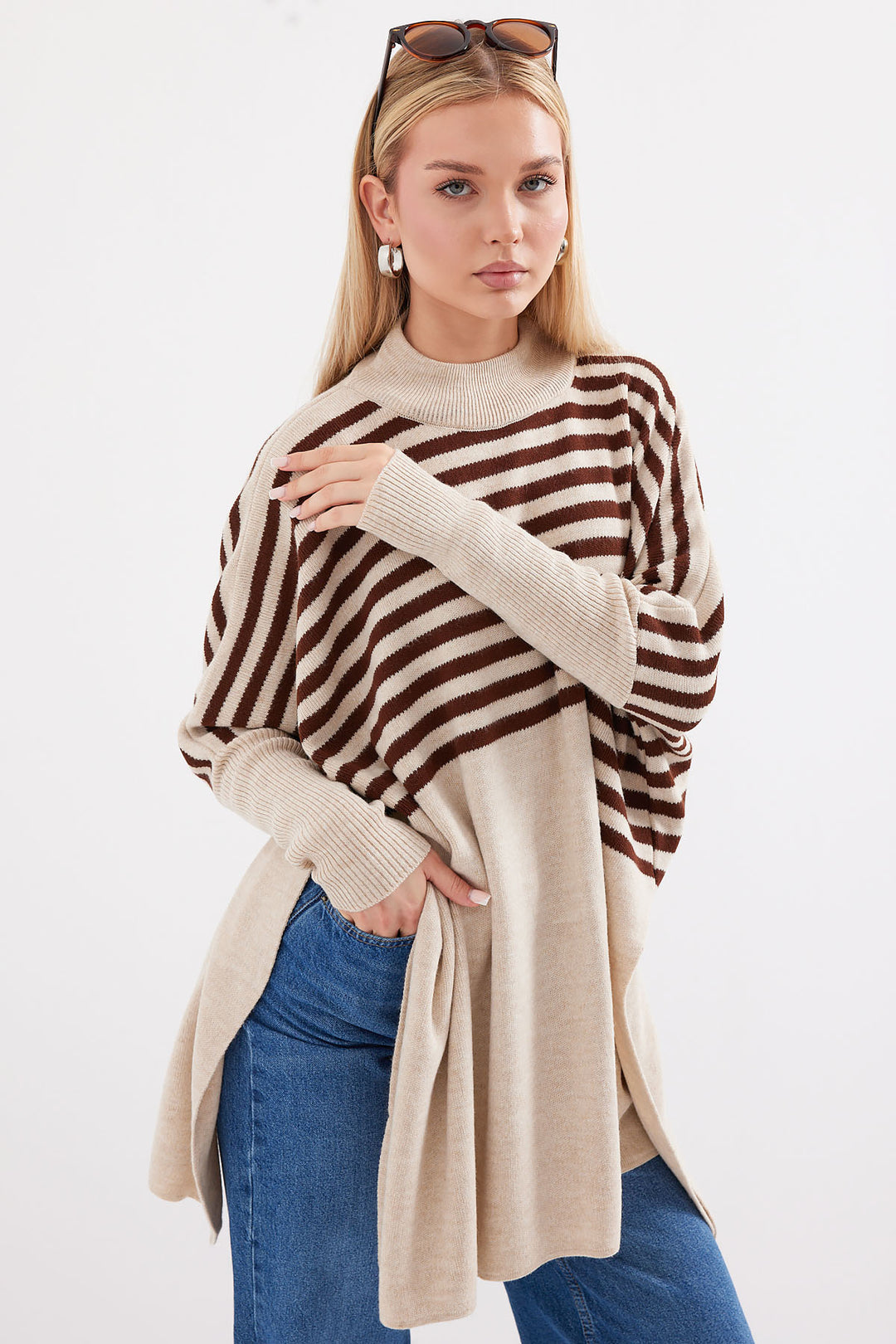 BGD Women Slit Poncho Sweater - Beige - Warren