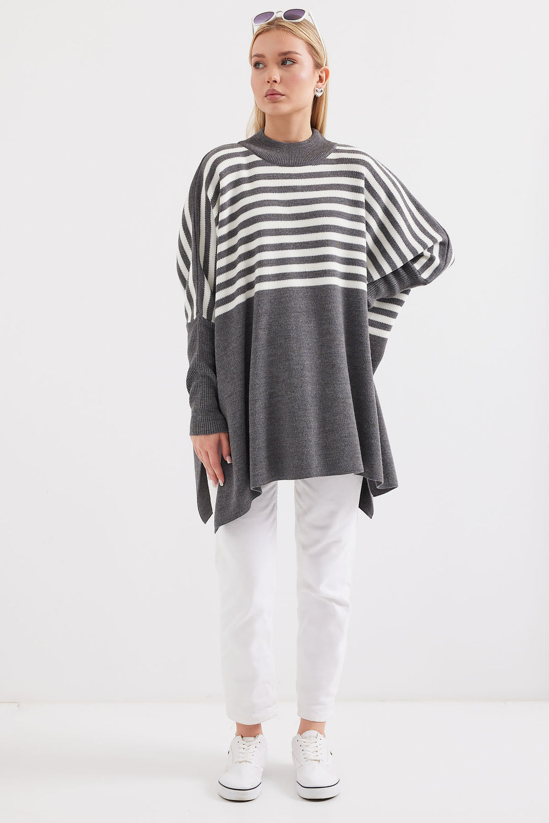 BGD Women Slit Poncho Sweater - Gray. - Bowling Green