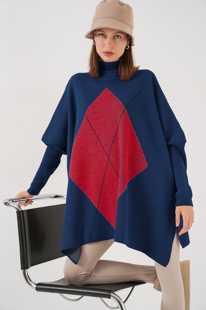 BGD Women Slit Poncho Sweater - Navy Blue - Tübingen