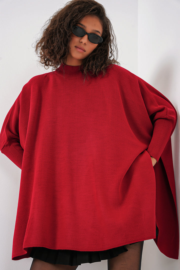 BGD Women Slit Poncho Sweater - Red - Wildomar