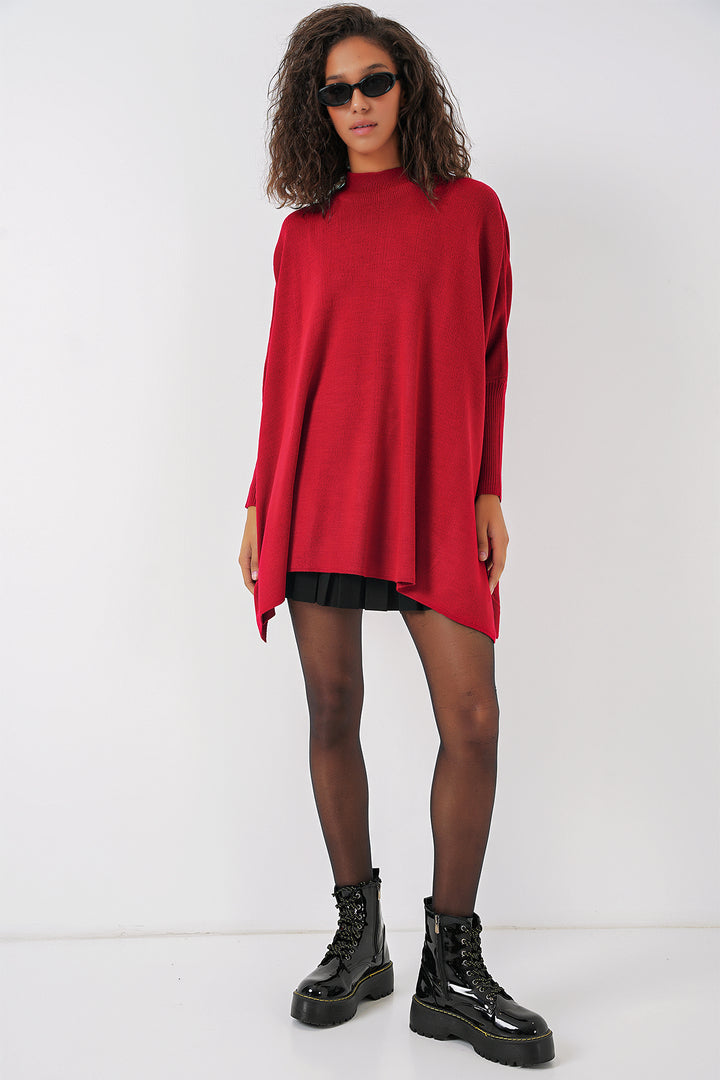 BGD Women Slit Poncho Sweater - Red - Wildomar
