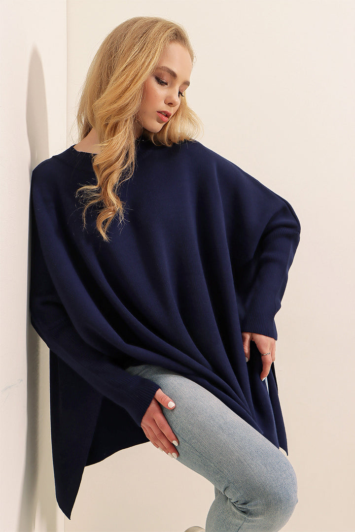 BGD Women Slit Poncho Sweater - Navy - Federal Way