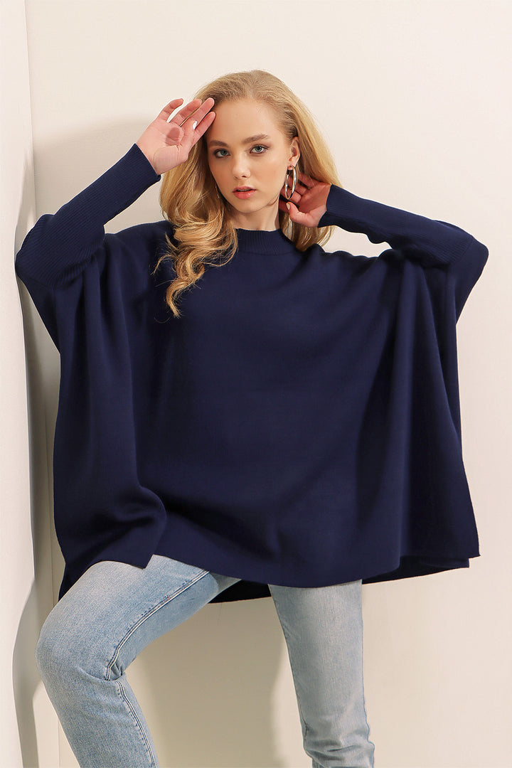 BGD Women Slit Poncho Sweater - Navy - Federal Way