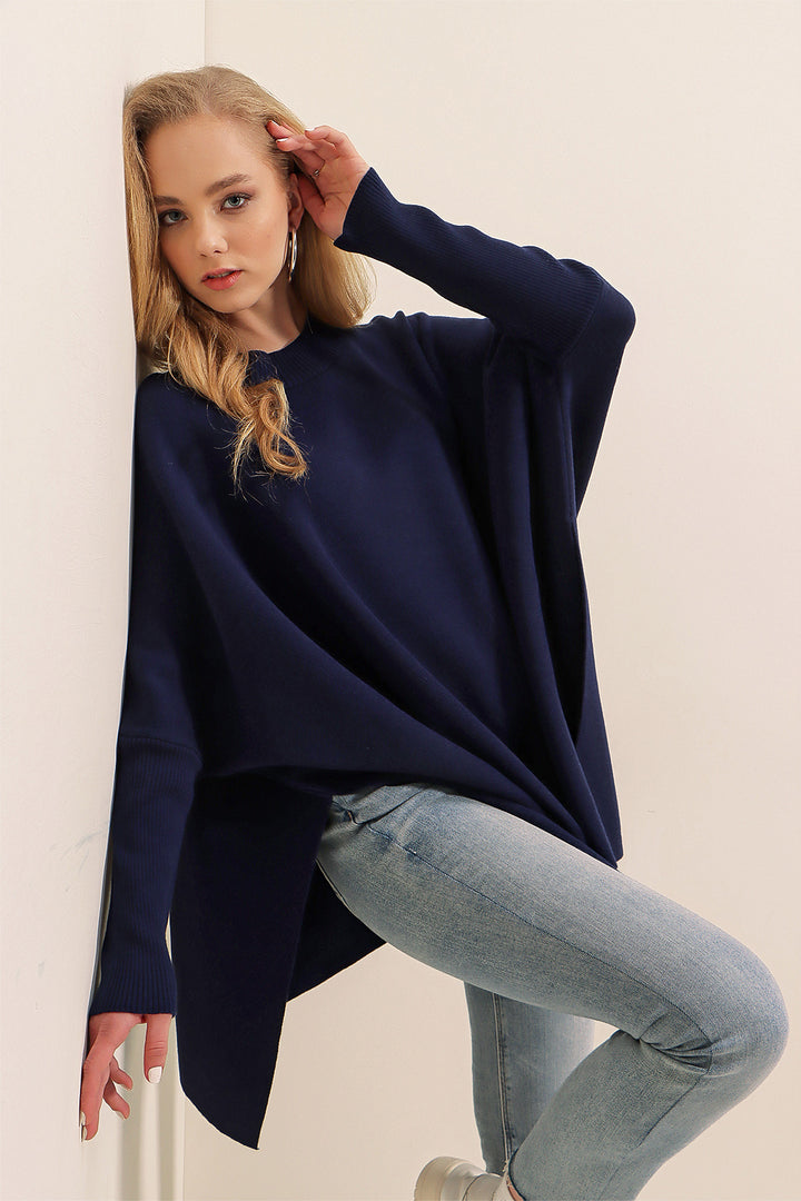 BGD Women Slit Poncho Sweater - Navy - Federal Way