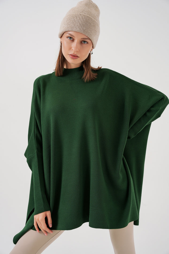 BGD Women Slit Poncho Sweater - Emerald Green - Pristina