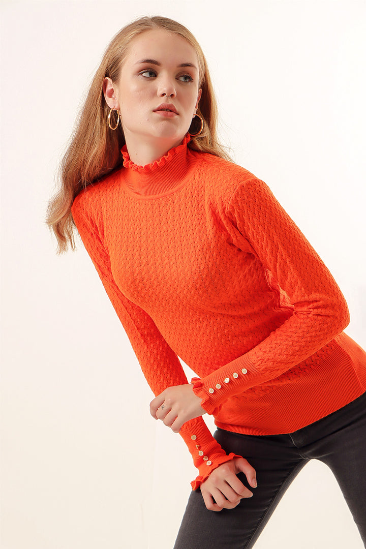 BGD Women Buttoned Fisherman Collar Sweater - Orange - Avondale