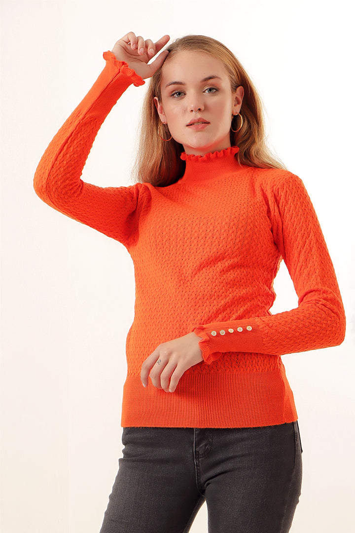 BGD Women Buttoned Fisherman Collar Sweater - Orange - Avondale