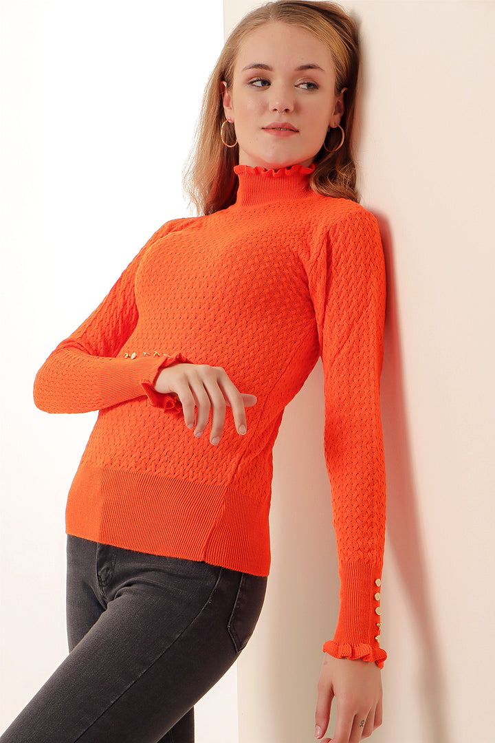 BGD Women Buttoned Fisherman Collar Sweater - Orange - Avondale