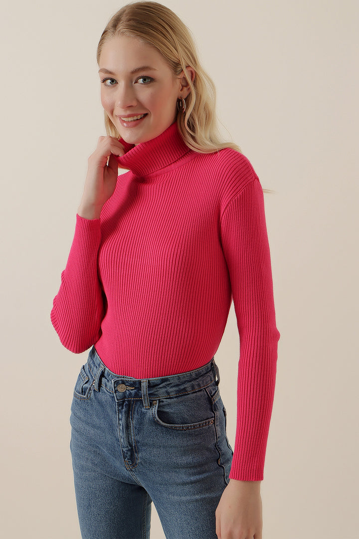 BGD Women Fisherman Collar Ribbed Sweater - Fuchsia - Vila Nova de Gaia