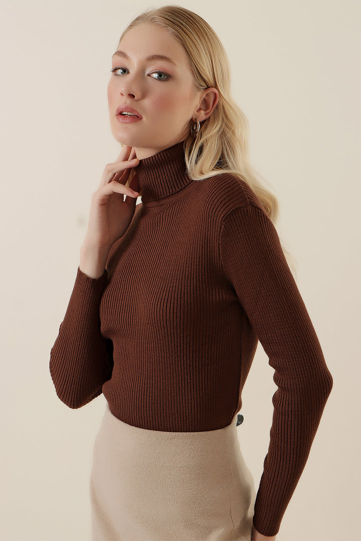 BGD Women Fisherman Collar Ribbed Sweater - Brown - Avondale