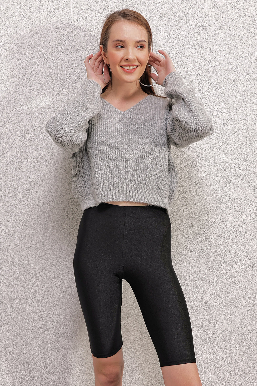 BGD Women V Neck Crop Sweater - Gray - Cutler Bay