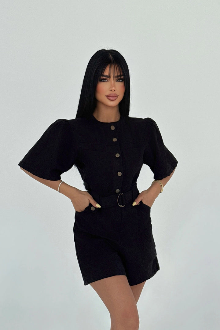 EYY Women Siyah Cep Detaylı Düğmeli Tulum - Niort