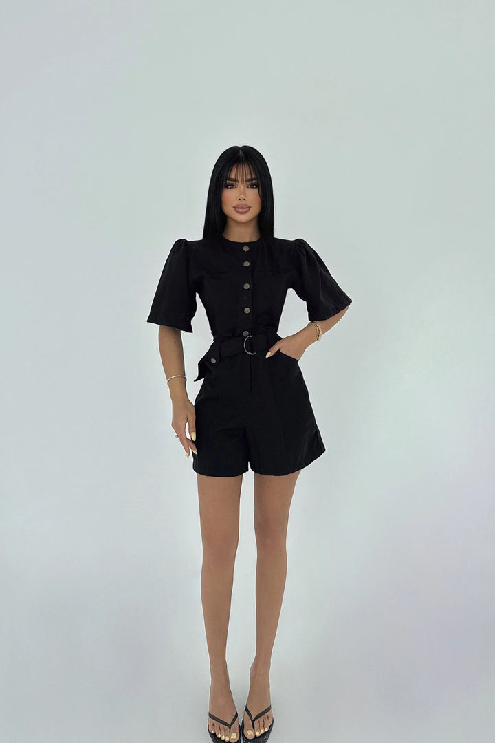 EYY Women Siyah Cep Detaylı Düğmeli Tulum - Niort