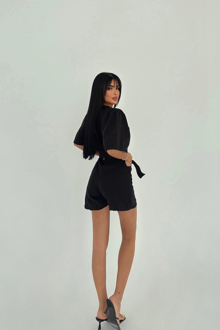 EYY Women Siyah Cep Detaylı Düğmeli Tulum - Niort
