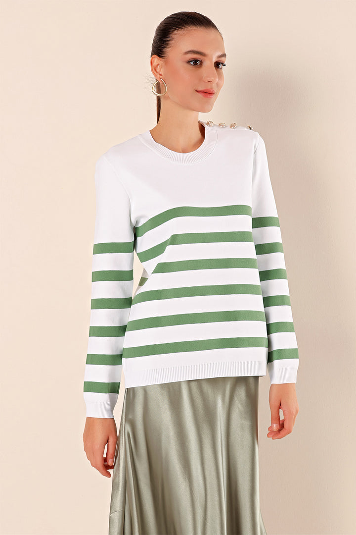 BGD Women Button Detail Striped Sweater - C. Çağla - Jurupa Valley