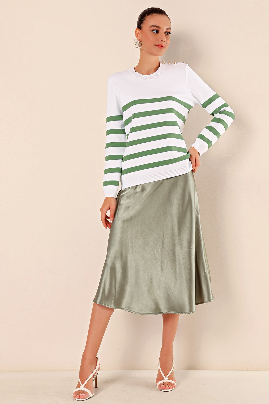 BGD Women Button Detail Striped Sweater - C. Çağla - Jurupa Valley