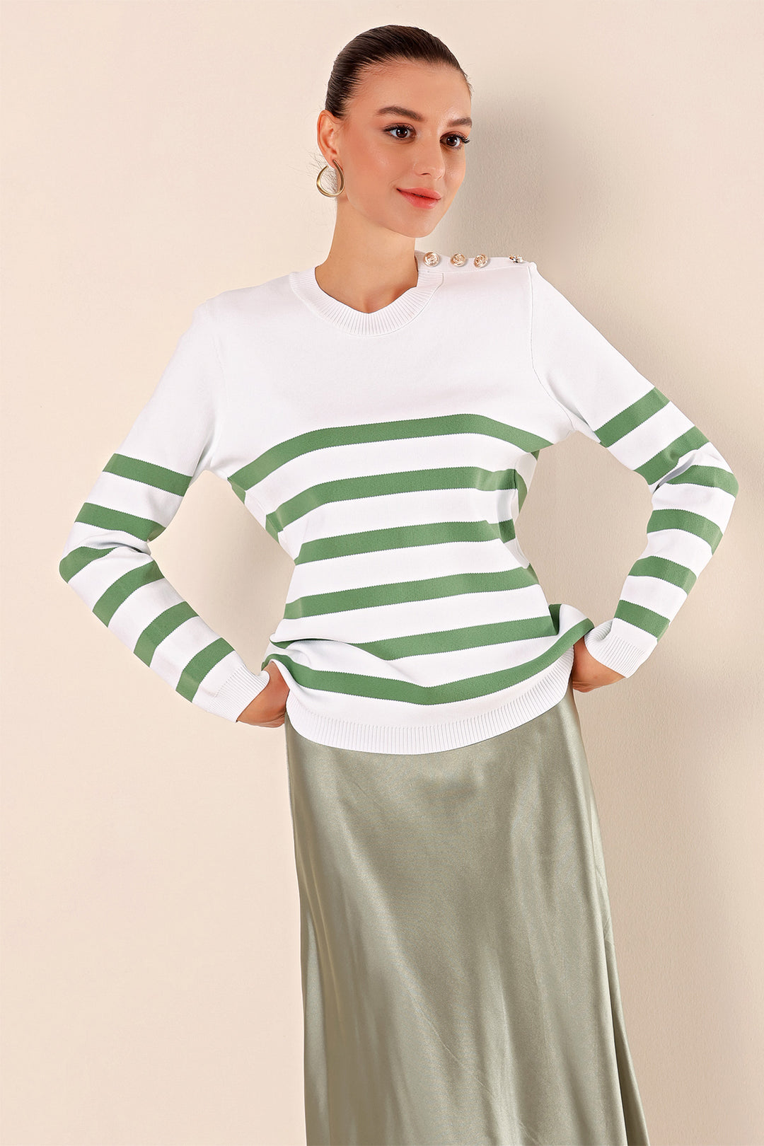 BGD Women Button Detail Striped Sweater - C. Çağla - Jurupa Valley