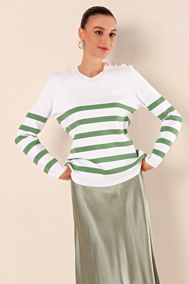 BGD Women Button Detail Striped Sweater - C. Çağla - Jurupa Valley