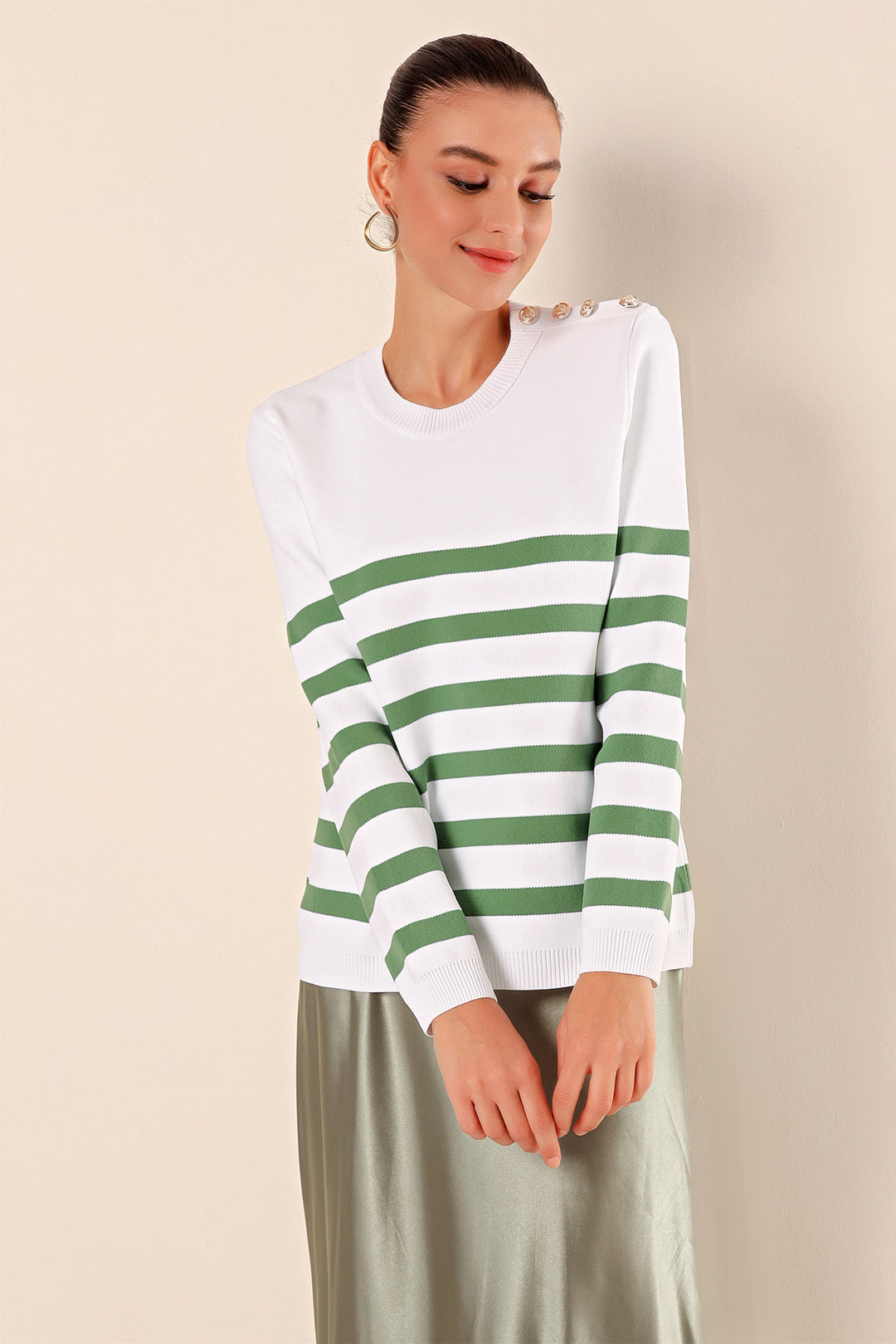 BGD Women Button Detail Striped Sweater - C. Çağla - Jurupa Valley