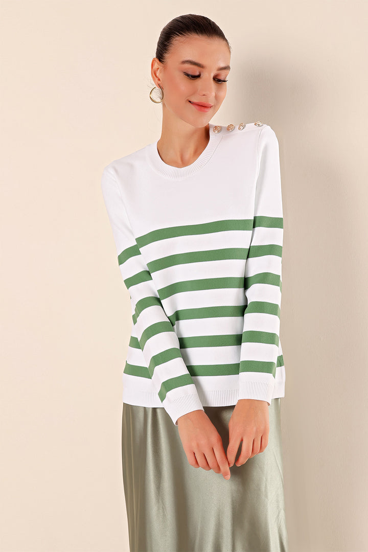 BGD Women Button Detail Striped Sweater - C. Çağla - Jurupa Valley