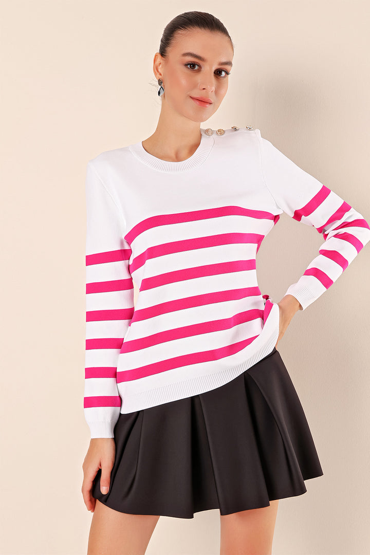BGD Women Button Detail Striped Sweater - C. Fuchsia - Oshawa