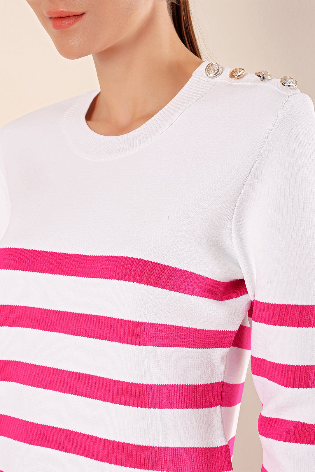 BGD Women Button Detail Striped Sweater - C. Fuchsia - Oshawa