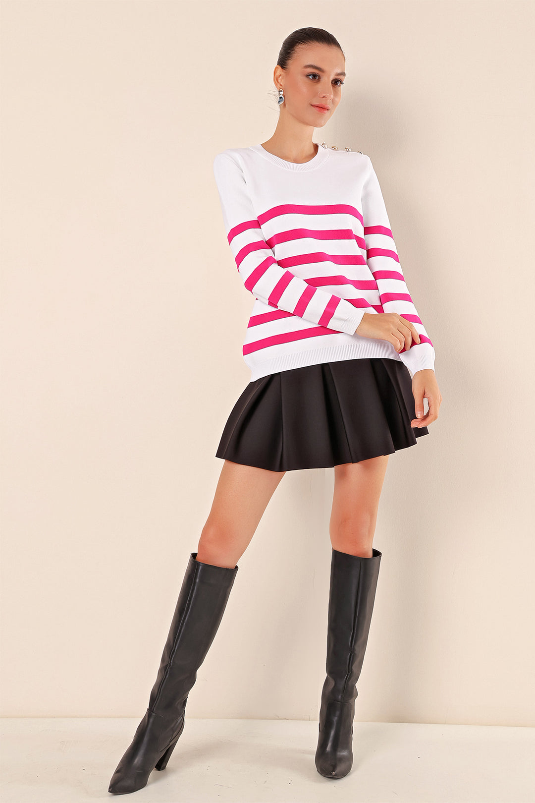 BGD Women Button Detail Striped Sweater - C. Fuchsia - Oshawa