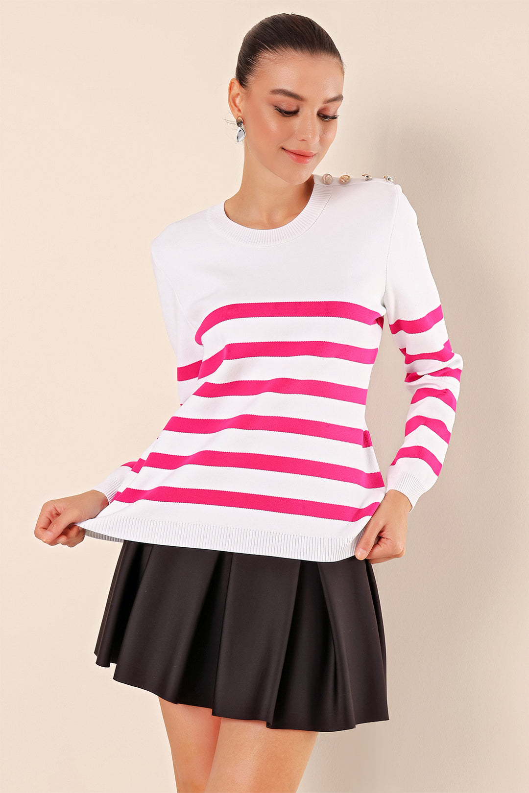 BGD Women Button Detail Striped Sweater - C. Fuchsia - Oshawa