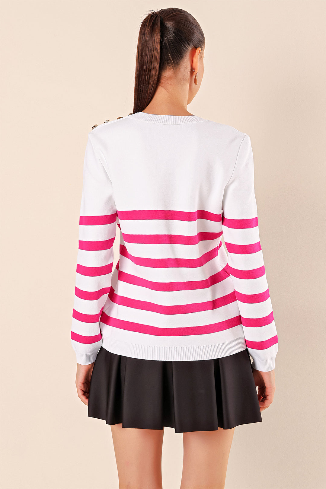 BGD Women Button Detail Striped Sweater - C. Fuchsia - Oshawa