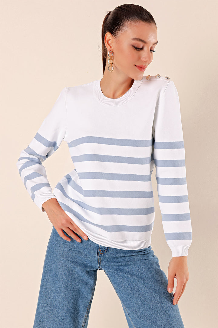 BGD Women Button Detail Striped Sweater - C. Indigo - Rio Rancho
