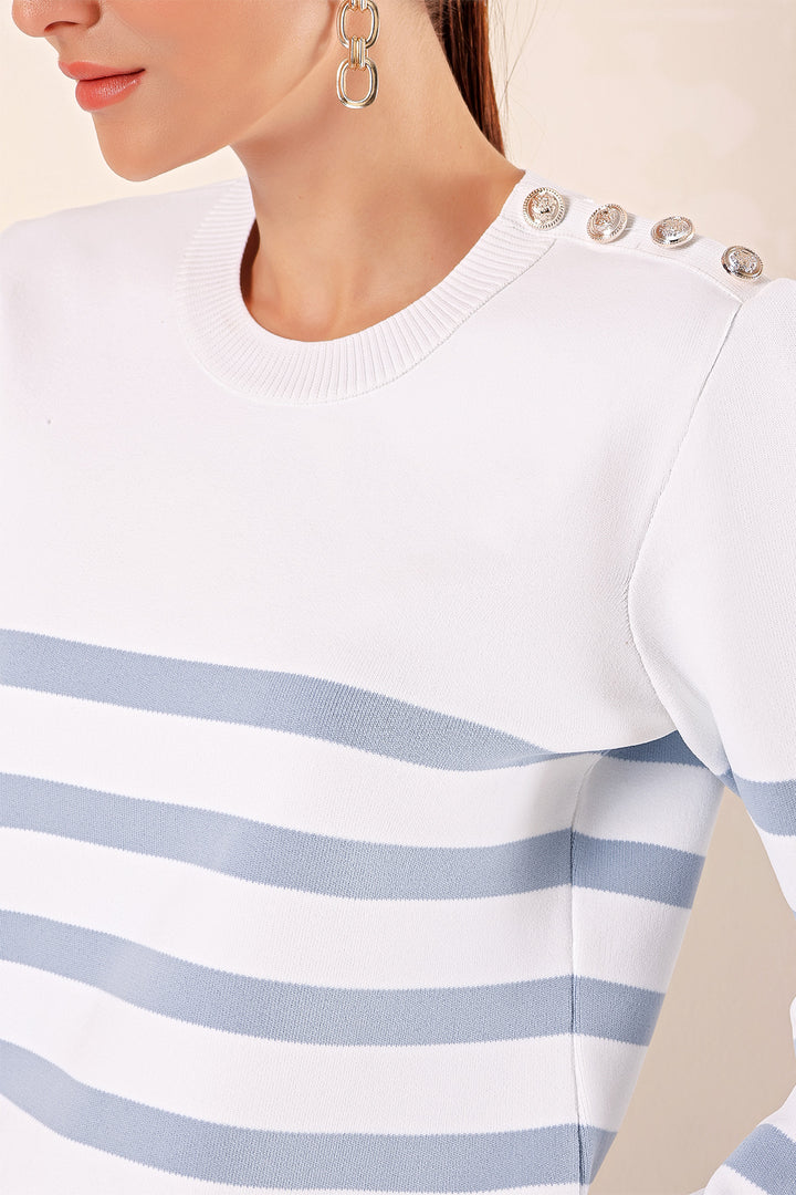 BGD Women Button Detail Striped Sweater - C. Indigo - Rio Rancho
