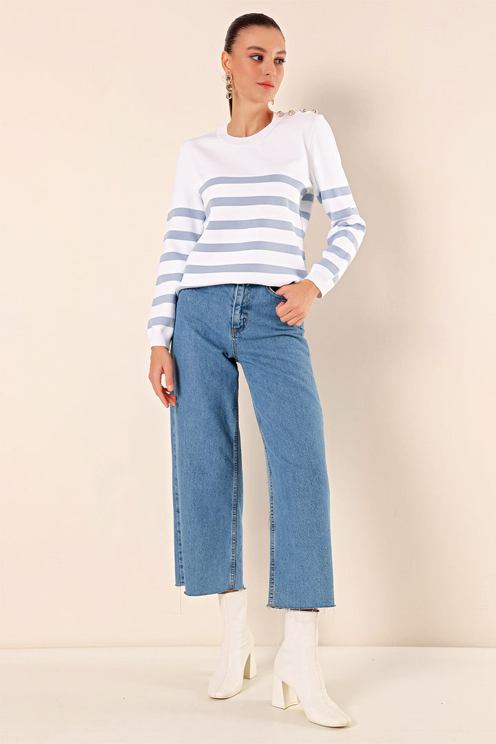 BGD Women Button Detail Striped Sweater - C. Indigo - Rio Rancho