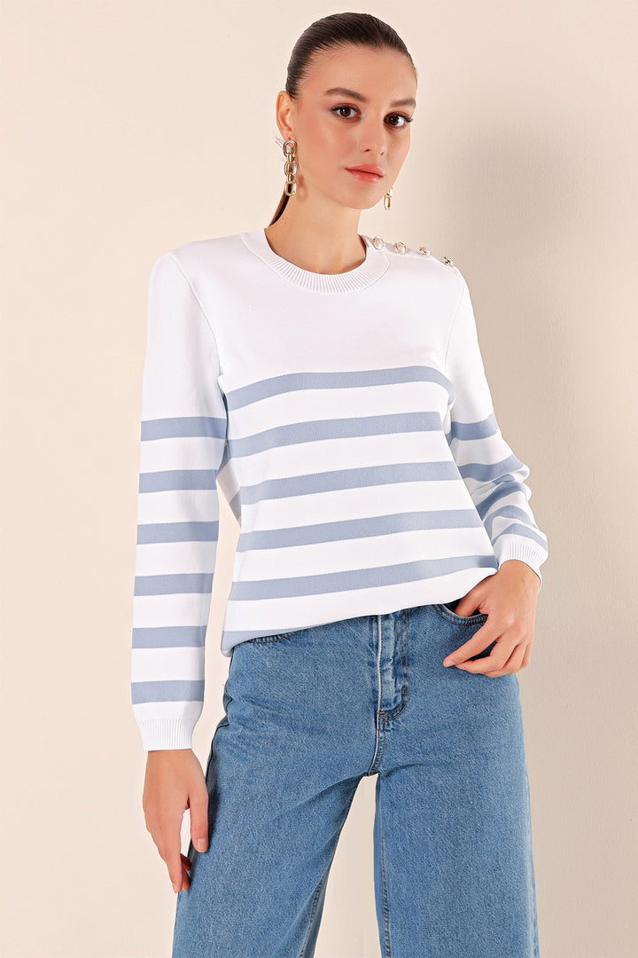 BGD Women Button Detail Striped Sweater - C. Indigo - Rio Rancho